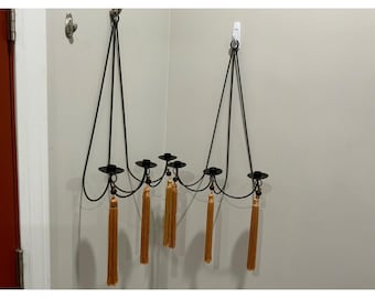 Vintage Black Metal Hanging Wall Sconce Set 3-Candle Candelabra Gold Tassels 2pc
