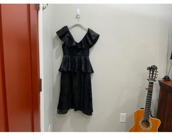 Black Ruffle V-Neck Tiered Peplum Midi Dress Shimmer Textured Evening Gown