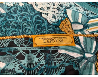 Compagnie Internationale Express Vintage Silk Teal   Print Square Scarf 33in