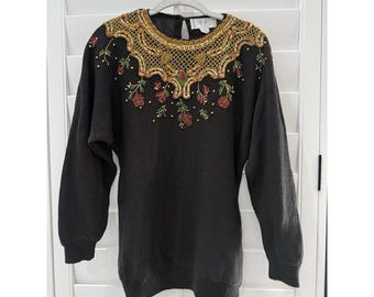 P.A International Black Beaded Sweatshirt Vintage 80s Asian Motif, Size S