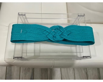 Vintage Turquoise Blue Woven Cord Celtic Knot Waist Belt M/L Velcro Closure