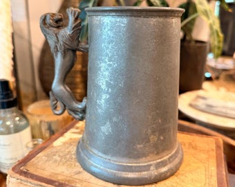 Jarra de peltre inglés vintage de Sheffield con asa de león figurativa / Artículo de colección de artículos de bar ingleses