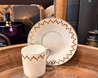 Taza y platillo de espresso Mikasa vintage / Vajilla geométrica dorada de mediados de siglo / Juego de café minimalista