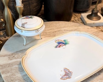Vintage Nippon Porcelain Vanity Tray & Trinket Dish Set – Hand-Painted Butterflies, Gold Trim