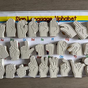 May include: A set of white, three-dimensional hand-shaped stamps representing the American Sign Language alphabet, arranged on a printed chart labeled Sign Language Alphabet with corresponding letters from Aa to Zz displayed underneath each hand.