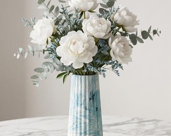 Marble Jesmonite Vase, Handmade Ribbed Flower Holder, Decorative Bud Vase for Artificial Flowers, Modern Home Decor, Gift for Her