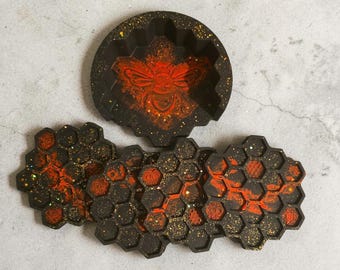 Bee Honeycomb Coaster Set, Bee Trinket Dish, Handmade Bee Lover Gift, Jesmonite Home Decor