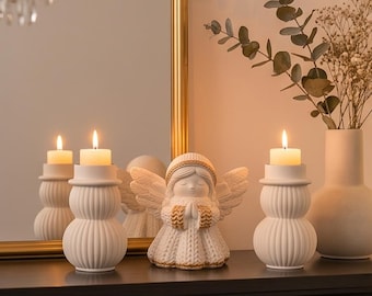Handmade Jesmonite Christmas Angel Set | 2 Candle Holders & Angel Figurine | Gold or Silver Finish | Scandinavian Christmas Decor | Holiday