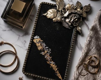 Handmade Floral Tray, Black & Gold Decorative Tray, Jesmonite Vanity Tray, Rose Serving Tray, Luxury Home Decor, Coffee Table Tray