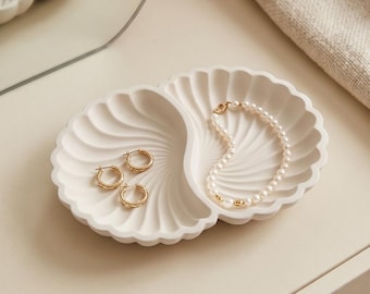 Shell Jewellery Dish, Double Trinket Tray, Handmade Jesmonite Ring Dish, Vanity Decor, Gift for Her