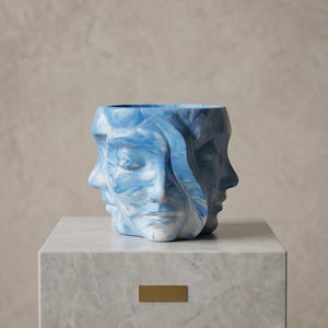 Può includere: Un vaso in ceramica marmorizzata blu e bianca con più facce. I volti sono scolpiti in stile classico. Il vaso è posto su un piedistallo di marmo bianco con un accento in ottone.