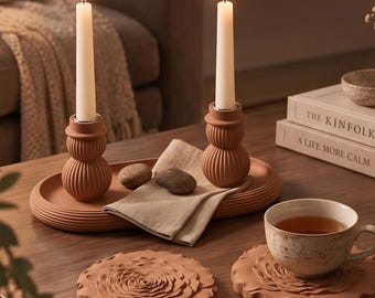 Jesmonite Candle Holder Set, Terracotta Home Decor, Decorative Tray & Floral Coasters, Handmade Housewarming Gift