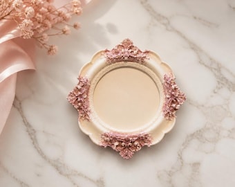 Rose Pink Ornate Trinket Tray, Handmade Jesmonite Jewellery Dish, Vintage Candle Plate, Vanity Decor Gift