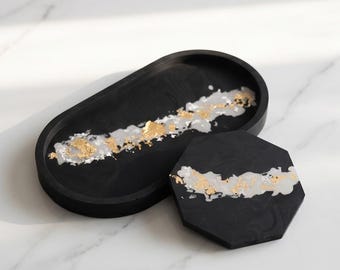Handmade Jesmonite Tray and Coaster Set – Black, Gold, Silver Accents