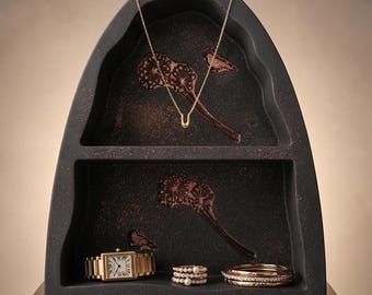 Botanical Jewellery Organiser with Rose Gold Accents, Handmade Jesmonite Trinket Holder, Ring & Earring Storage, Vanity Decor, Gift for Her