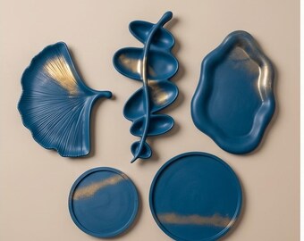 Blue Jesmonite Tray Set of 5 | Handmade Jewellery Dishes | Vanity Decor | Luxury Home Decor