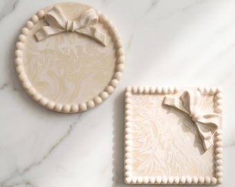 Handmade Jesmonite Bow Tray, Marbled Cream Ring Dish, Vanity Accent (Square/Round)Bridesmaid Gift