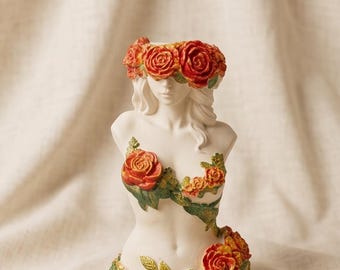 Floral Female Bust Sculpture, Jesmonite Home Decor, Rose Muse Bust, Romantic Shelf Decor, Handmade Statement Piece