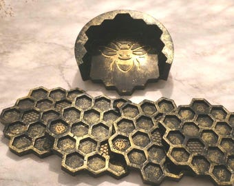 Bee Lover Gift, Bee Trinket Dish and Honeycomb Coaster Set, Black Gold Handmade Bee Decor, Jesmonite Home Decor