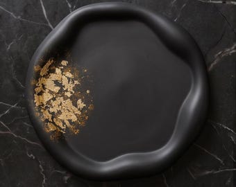 Black Gold Trinket Tray, Gold Leaf Decorative Dish, Handmade Jesmonite Catchall Tray, Modern Vanity Decor