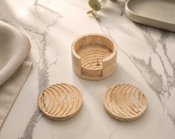 Neutral Marble Coaster Set, Ribbed Round Coasters with Holder, Handmade Jesmonite Home Decor