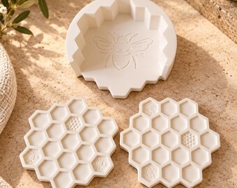 Handmade Honeycomb Jesmonite Coasters | Modern Geometric Drink Coasters | Minimalist Home Decor | Bee Coaster Set | Housewarming Gift