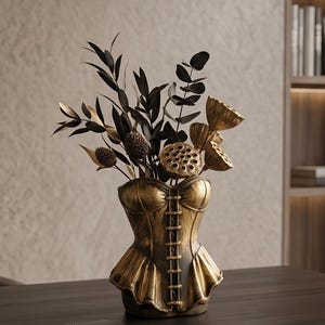 Könnte beinhalten: Eine korsettförmige Vase in metallischem Gold und Schwarz mit einer zentralen vertikalen Schnürung und einem ausgestellten Fuß. Die Vase ist mit einem dekorativen Arrangement aus dunkelgrünen Eukalyptusblättern und getrockneten goldenen Lotussamenkapseln gefüllt.
