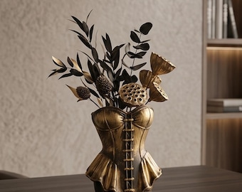 Corset Decorative Vase, Makeup Brush Holder, Black Gold Gothic Vanity Decor, Handmade Jesmonite Holder