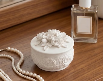 Floral Rose Trinket Box, Decorative Jewelry Storage Box, Handmade Jesmonite Keepsake Box, Vanity Decor