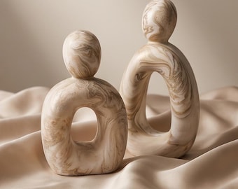 Abstract Couple Sculpture Set, Handmade Jesmonite Home Decor, Beige Marble Effect Statue, Minimalist Shelf Decor, Wedding Gift