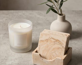 Marble Coaster Set with Holder, Handmade Jesmonite Coasters, Square Drink Coasters, Coffee Table Decor, Housewarming Gift