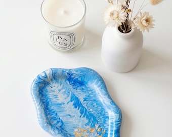 Jesmonite Jewelry Tray – Blue Marble Organic Dish with Gold & Silver Leaf | Handmade Statement Decor