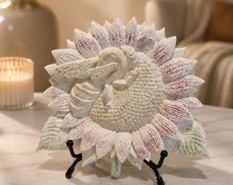 Sunflower Bee Decorative Statue, Handmade Floral Home Decor with Stand, Sculptural Shelf Ornament Gift