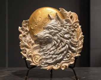 Wolf and Moon Sculpture, Handmade Jesmonite Wolf Decor, Silver and Gold Ornament, Luxury Home Decor, Wolf Gift