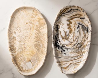 Handmade Oval Jesmonite Tray, Marble Effect Decorative Catchall Dish