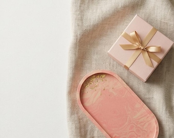 Handmade Jesmonite Oval Tray – Blush Pink Marble, Gold Leaf Vanity Tray, Minimalist Decor