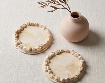 Set of 2 Crystal-Inspired Coasters, Handmade Jesmonite Drink Coasters, Stone Edge Trinket Trays, Neutral Marble Home Decor