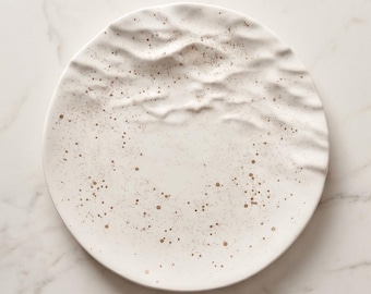 Handmade White Jesmonite Tray, Gold Speckled Detail, Round Decorative Dish