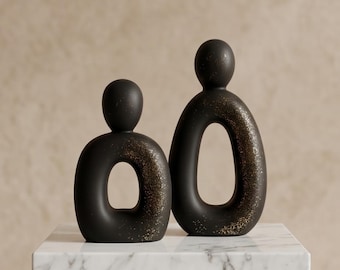 Set of 2 Abstract Human Sculptures, Jesmonite Decor, Handmade Minimalist Ornament, Gold Glitter Accent
