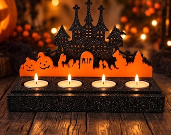 Handmade Haunted Castle Tealight Candle Holder | Halloween Decor | Gothic Candle Centrepiece | Includes 4 Unscented Tealights