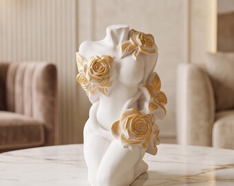 Female Torso Sculpture, Floral Body Statue, Rose Accent Feminine Vanity Decor, Handmade Jesmonite Decor