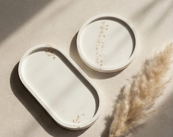 Handmade Jesmonite Tray Set – Soft White Gold Leaf, Minimalist Jewelry Tray, Vanity Decor
