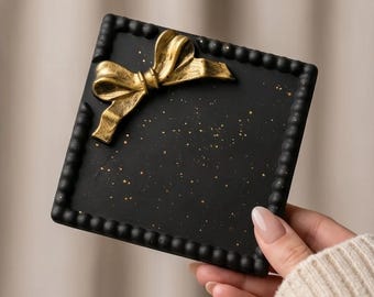 Black Trinket Tray, Handmade Jesmonite Jewellery Dish, Plain or Bow Design, Gold Silver Bow, Vanity Decor Gift