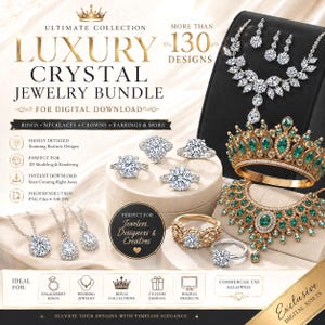 Könnte beinhalten: Werbung für ein digitales Schmuck-Bundle. Das Bild zeigt Ringe, Halsketten, Ohrringe und eine Krone. Der Text lautet "Luxury Crystal Jewelry Bundle" und hebt hochauflösende PNG-Dateien und Sofort-Download hervor. Ideal für Juweliere und Designer.