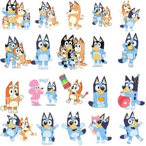 以下が含まれることがあります： 様々なポーズの漫画の犬のキャラクターのコレクション。犬は主に青、オレンジ、黒で、楽器や風船を持っているものもあります。背景は白です。