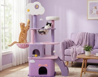 cat tree purple, cat tree cute, cat tree scratching post, cat tree 170 cm, cat tree aesthetic, modern scratching post, purple scratching post, cloud scratching post