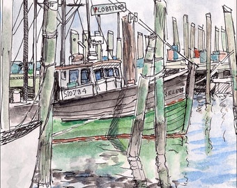 New England Fishing Boats Lobster wall décor room décor archival print signé artiste, mouette, homard 8.5x11 vert bleu