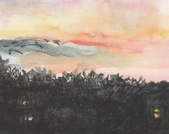 Original watercolor houses at sunset. One of a kind archival handmade sketch of clouds and homes. Matted and ready to frame. Gift idea