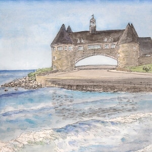 Fine art giclee print landscape of Narragansett Towers and Waves, signed by artist 8.5x11 New England Seascape by the beach Altantic ocean