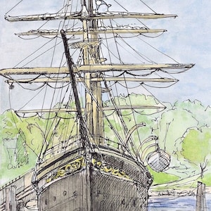 Landscape seascape signed art print of tall ship in Mystic  Connecticut, New England artwork 8.5x11 Great gift wall decor